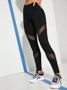 SHEIN Privé 纯色拼接網紗緊身褲 - 黑色 - 查看 4