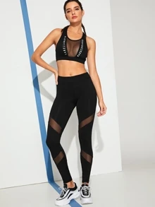 SHEIN Privé 纯色拼接網紗緊身褲 - 黑色 - 查看 5