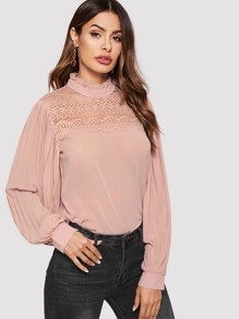 Contrast Lace Keyhole Back Blouse