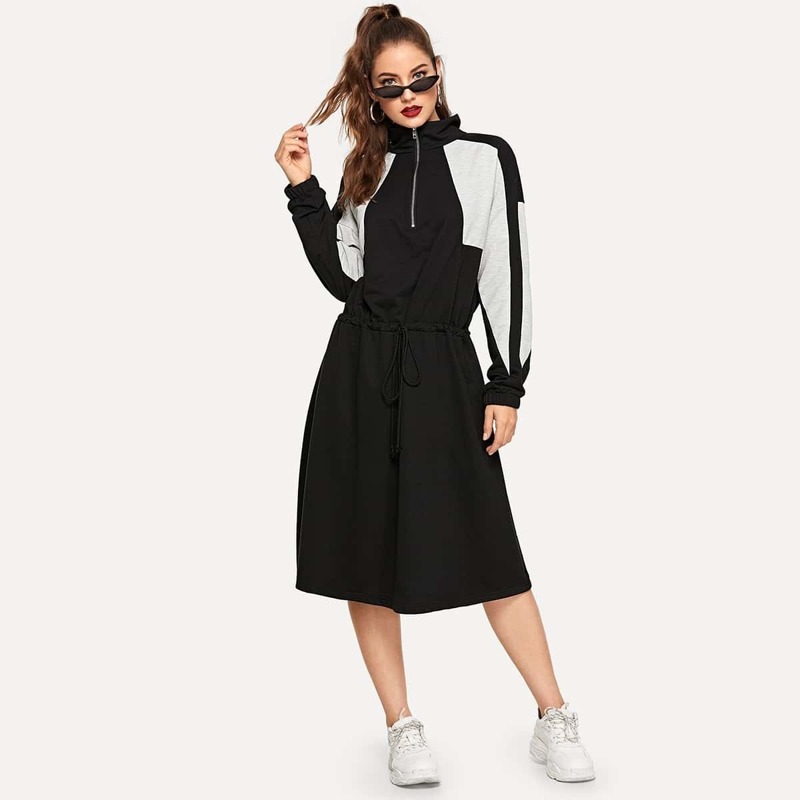 

Drawstring Waist Zip Half Placket Sweatshirt Dress, Multicolor