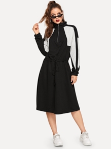 Drawstring Waist Zip Half Placket Sweatshirt Dress