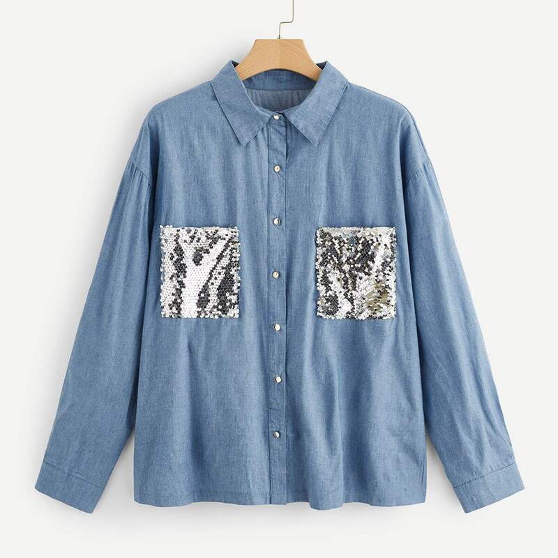 

Plus Contrast Sequin Denim Blouse, Blue
