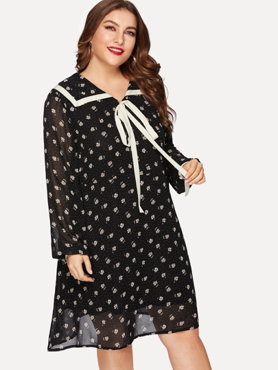 Plus Tie Neck Calico Dress pictures