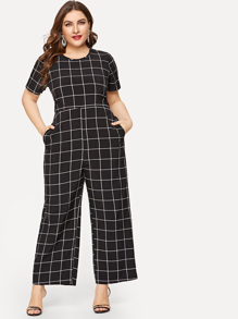 Plus Pocket Side Plaid Jumpsuit