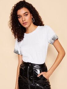 Contrast Sequin Cuff Tee