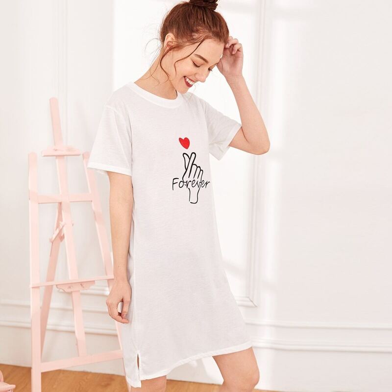 

Heart & Letter Print Night Dress, White