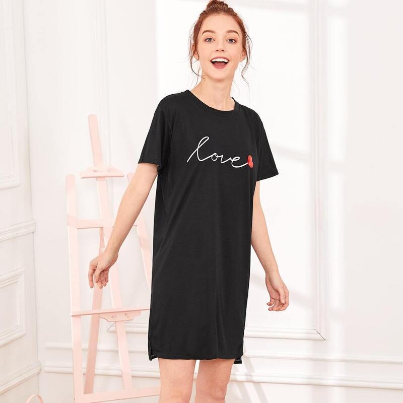 

Heart & Letter Print Night Dress, Black