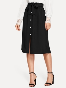 Button Front Tie Waist Skirt