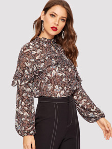 Tie Neck Ruffle Trim Floral Top