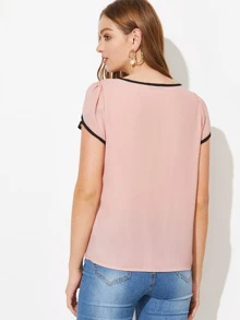 SHEIN Clasi Petal Sleeve Contrast Binding Top - Baby Pink - View 2