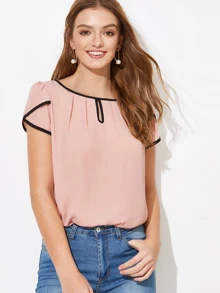 SHEIN Clasi Petal Sleeve Contrast Binding Top - Baby Pink - View 1