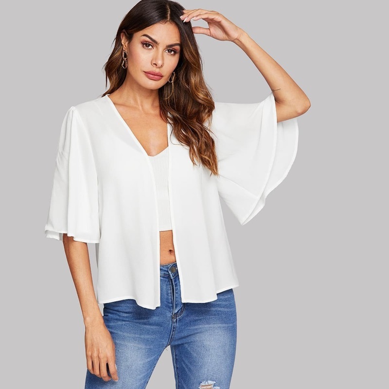 Open Front Bell Sleeve Solid Kimono, White