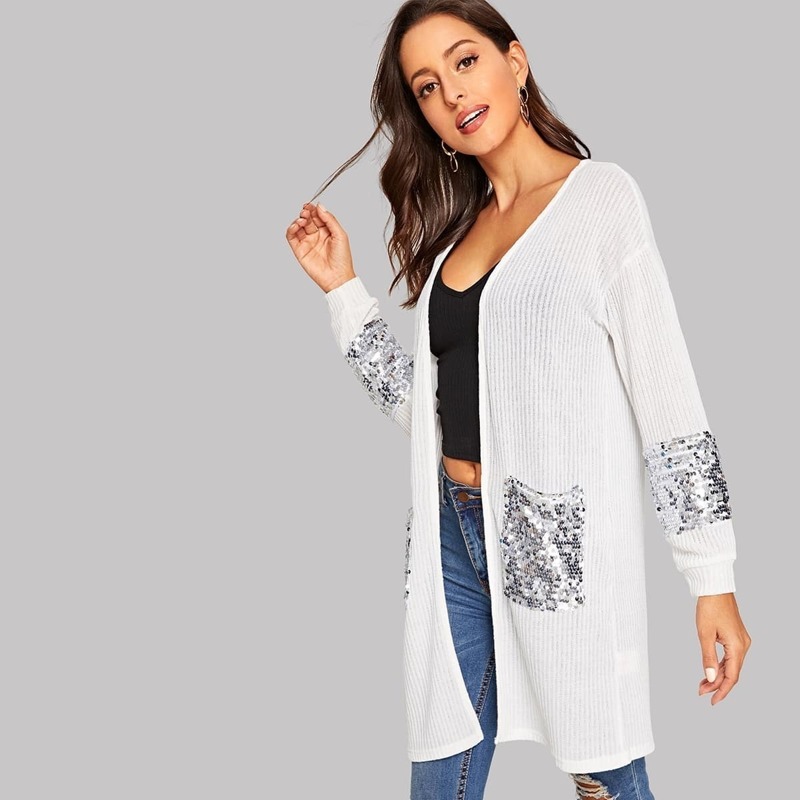 

Open Front Sequin Detail Ribbed Duster Coat, White