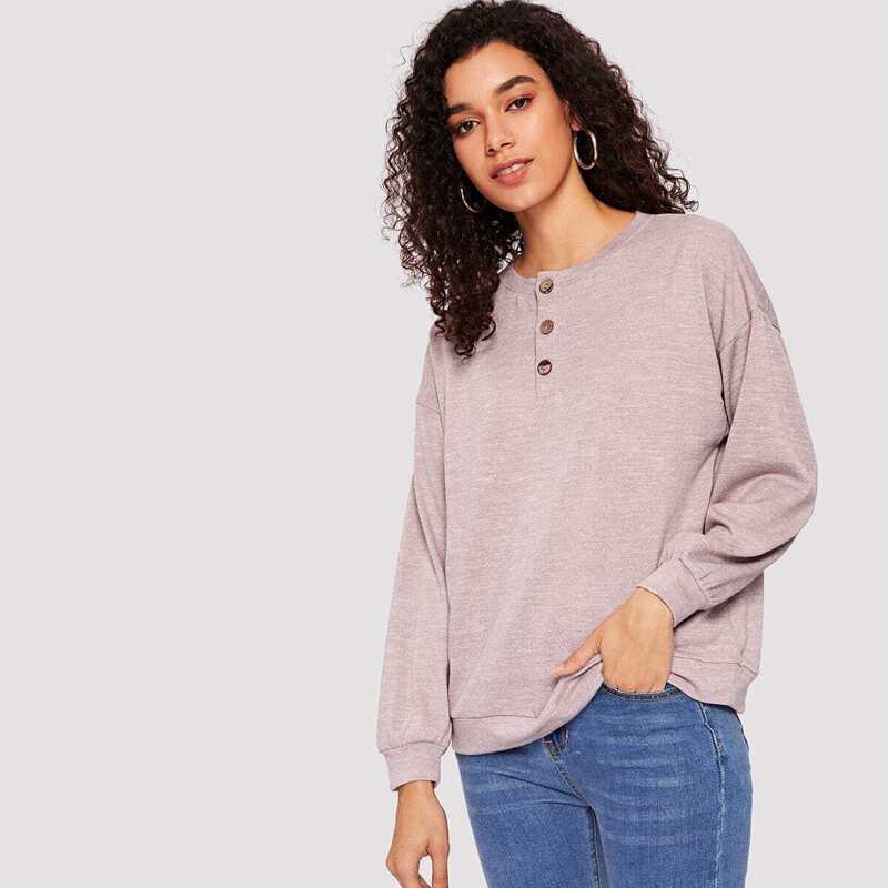 

Button Front Heather Knit Pullover, Pink