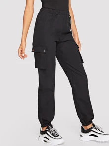 SHEIN Pantalones farol con bolsillo lateral con cadena - Negro - Ver 3
