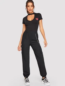 SHEIN Pantalones farol con bolsillo lateral con cadena - Negro - Ver 4