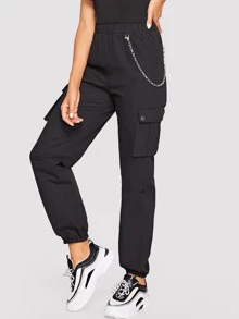 SHEIN Pantalones farol con bolsillo lateral con cadena - Negro - Ver 1