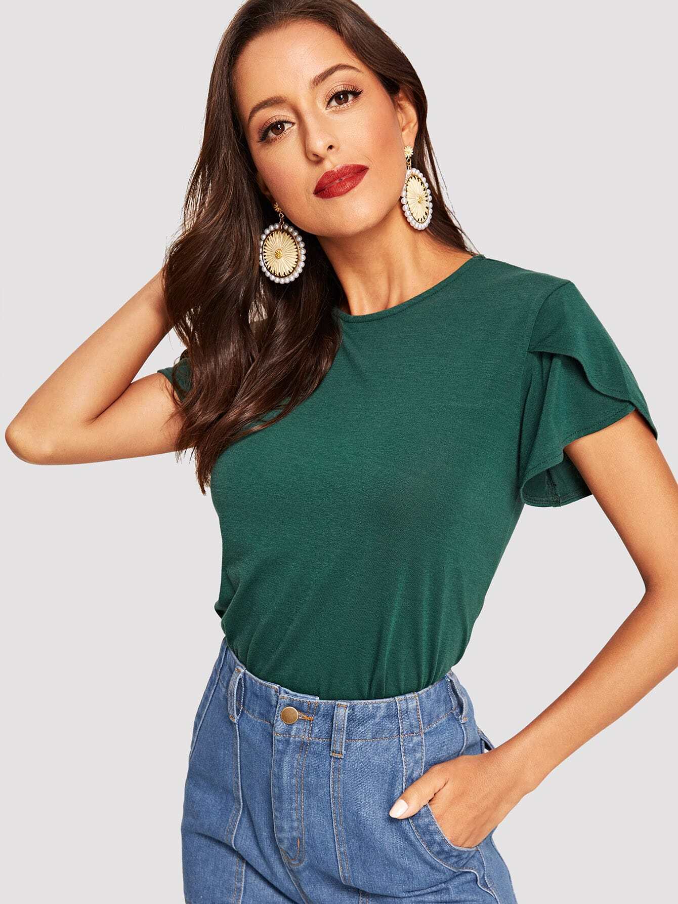 petal sleeve solid tee -shein(sheinside)