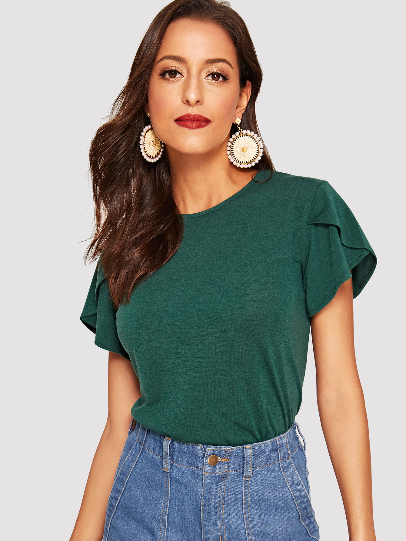 petal sleeve solid tee -shein(sheinside)