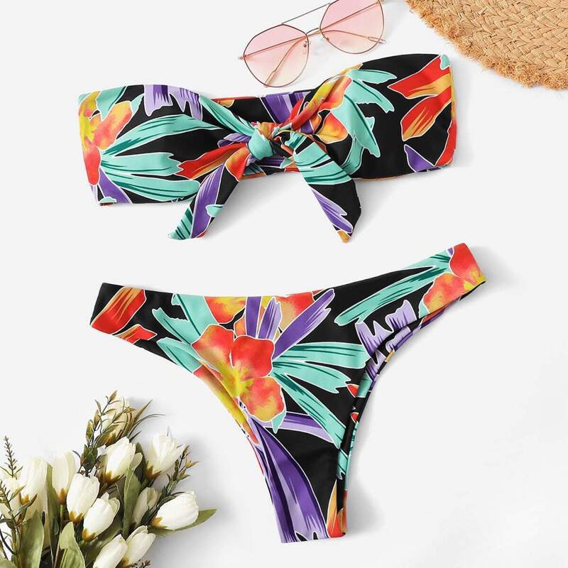 

Random Floral Knot Front Bandeau With Cheeky Bikini, Multicolor