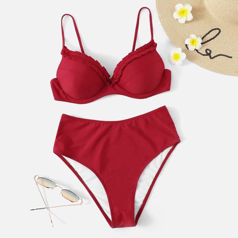 

Frill Trim Top With High Waist Bikini, Red bright