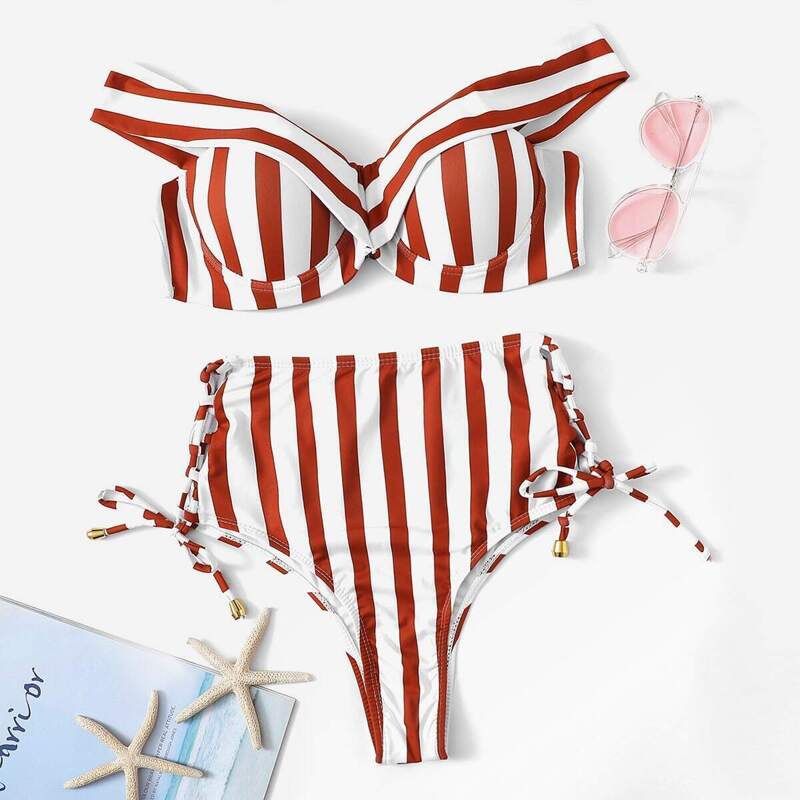 

Striped Underwire Top With Tie Side Bikini, Red