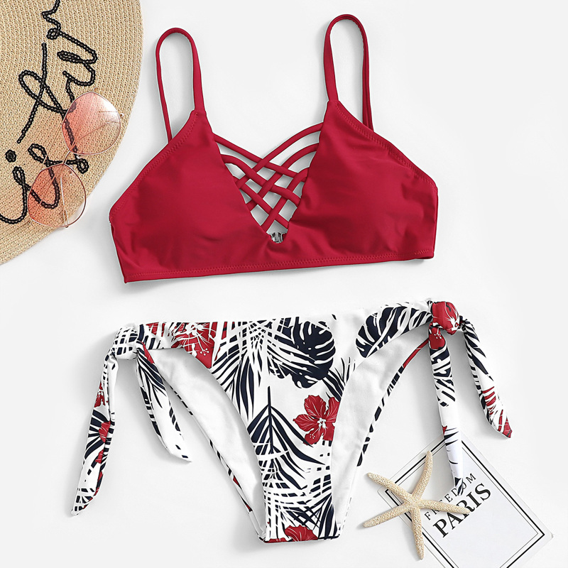 

Lattice Top With Random Tropical Tie Side Bikini, Multicolor