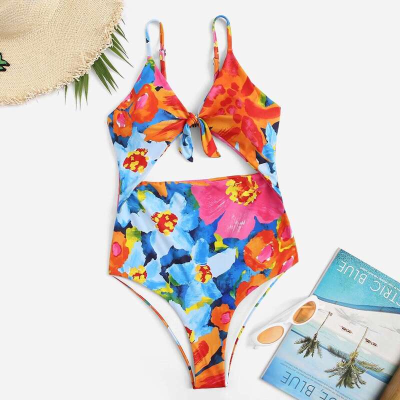 

Random Floral Cut-out One Piece Swimsuit, Multicolor