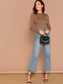 SHEIN Privé 小高領顯瘦合身tee - 駝色 - 查看 5