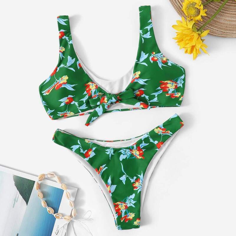 

Random Floral Knot Front With Hipster Bikini, Green
