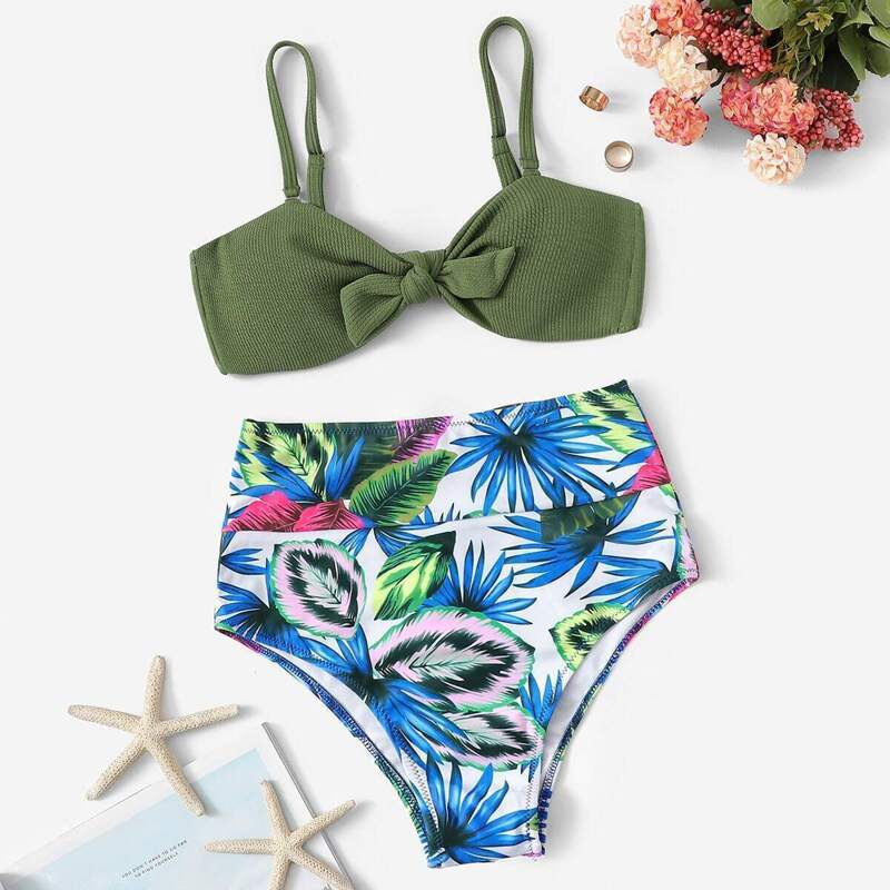 

Knot Front Top With Random Leaf Bikini Set, Multicolor
