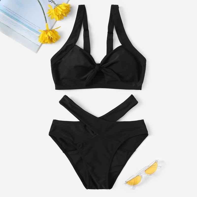 

Twist Front Top With Cross Bikini Set, Black