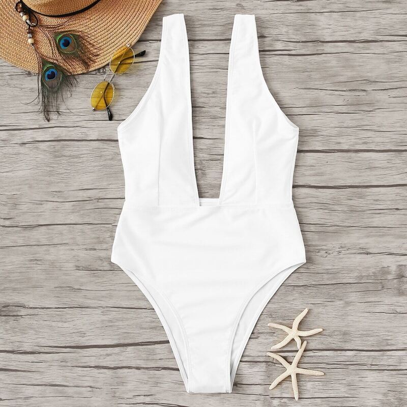 

Plunge Neck One Piece Swimsuit, White