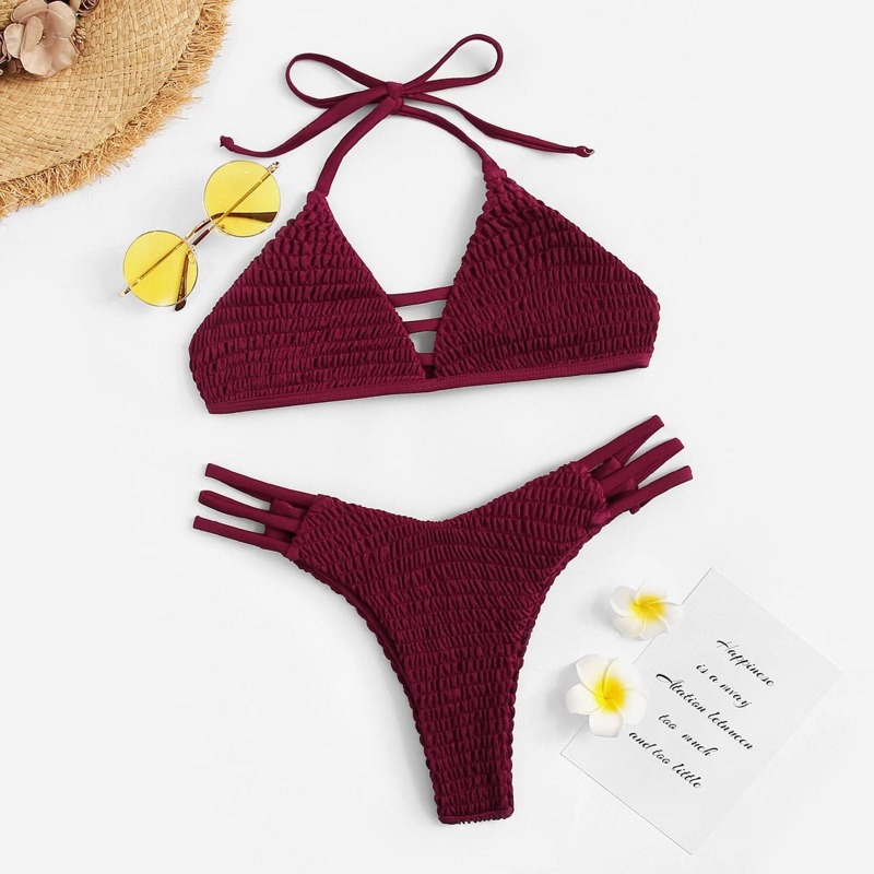 

Smocked Halter Top With High Cut Bikini Set, Burgundy