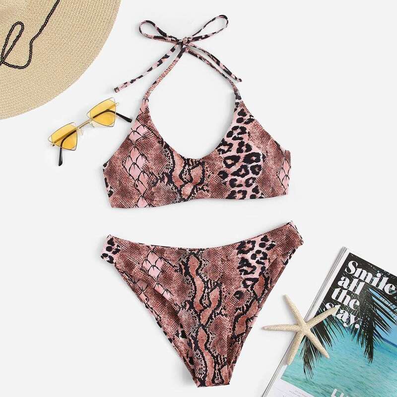 

Snake Print Halter Top With Panty Bikini, Multicolor