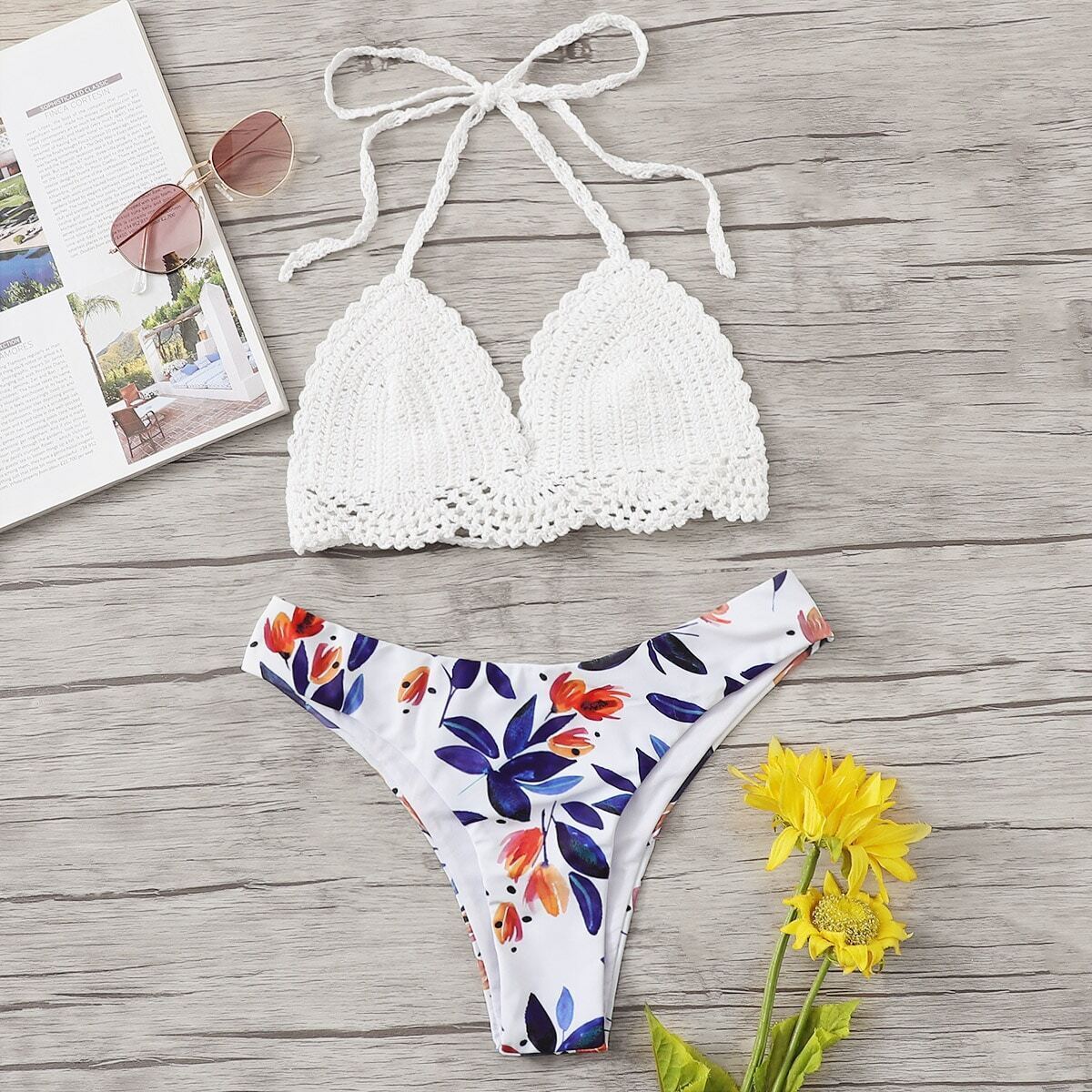 Crochet Halter Top With Random Floral Bikini