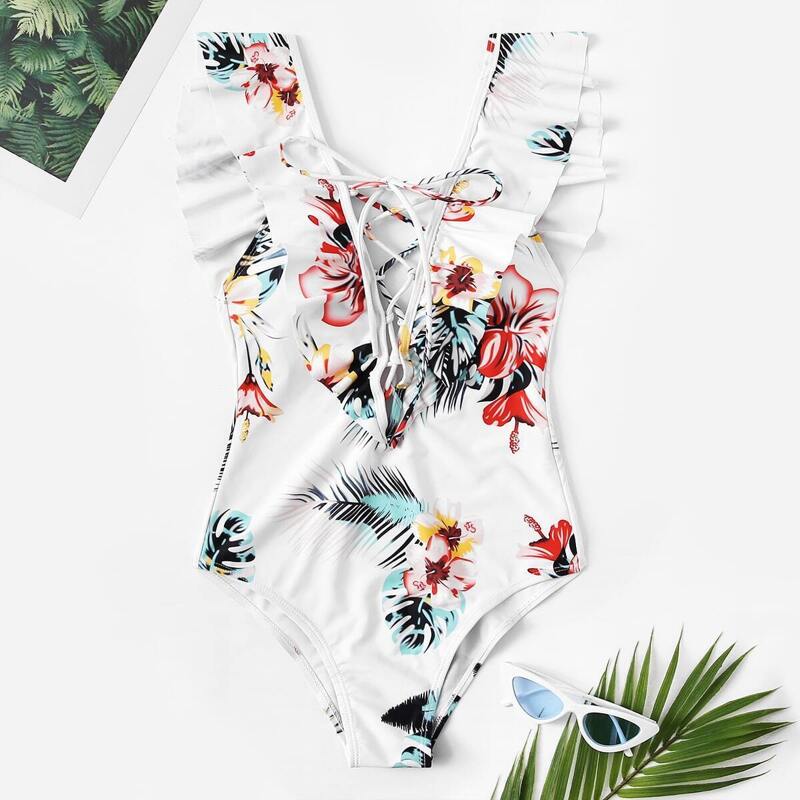 

Random Tropical Ruffle Lace-up One Piece Swim, Multicolor