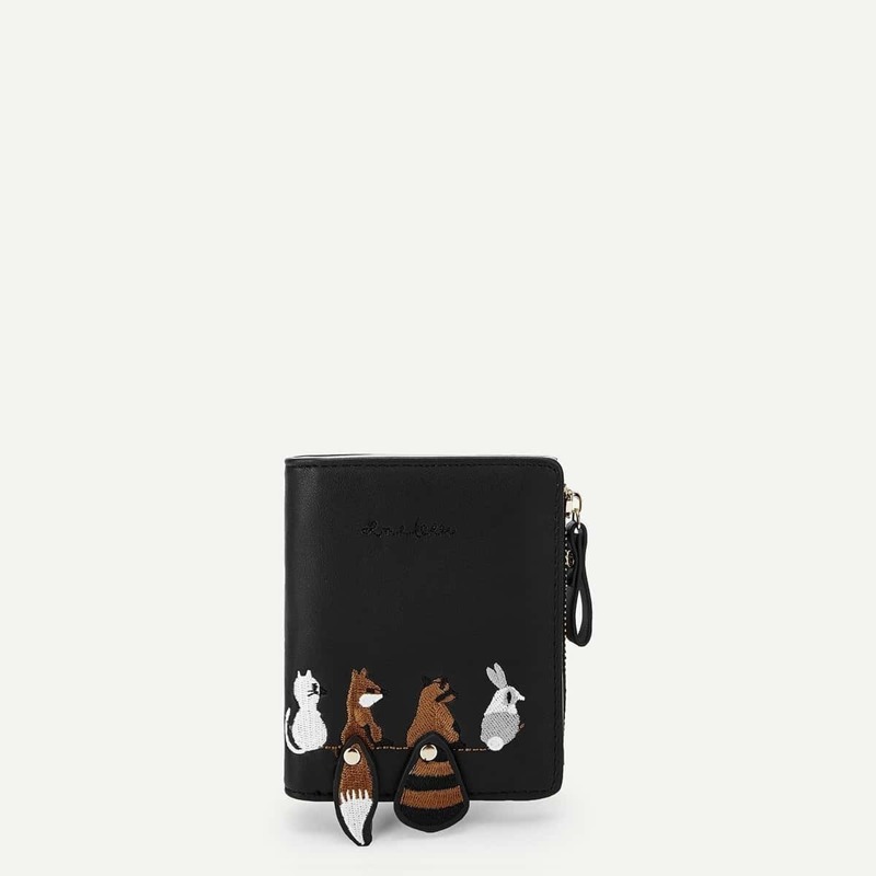 

Animal Embroidery Zipper Purse, Black