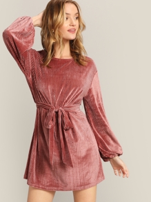 Keyhole Back Lantern Sleeve Belted Velvet Dress