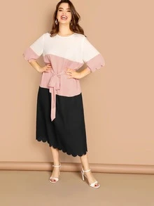 SHEIN Vestido de color block con cinturón ribete en abanico-grande - Multicolor - Ver 2