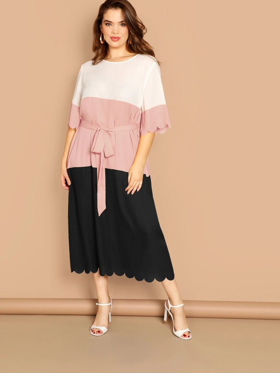 SHEIN Vestido de color block con cinturón ribete en abanico-grande - Multicolor - Ver 1