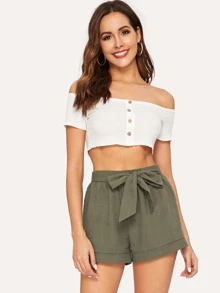 SHEIN Self-Tie Belted Cuffed Shorts - Army Green - View 3
