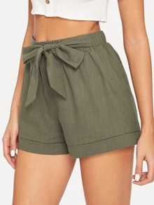 SHEIN Self-Tie Belted Cuffed Shorts - Army Green - View 4
