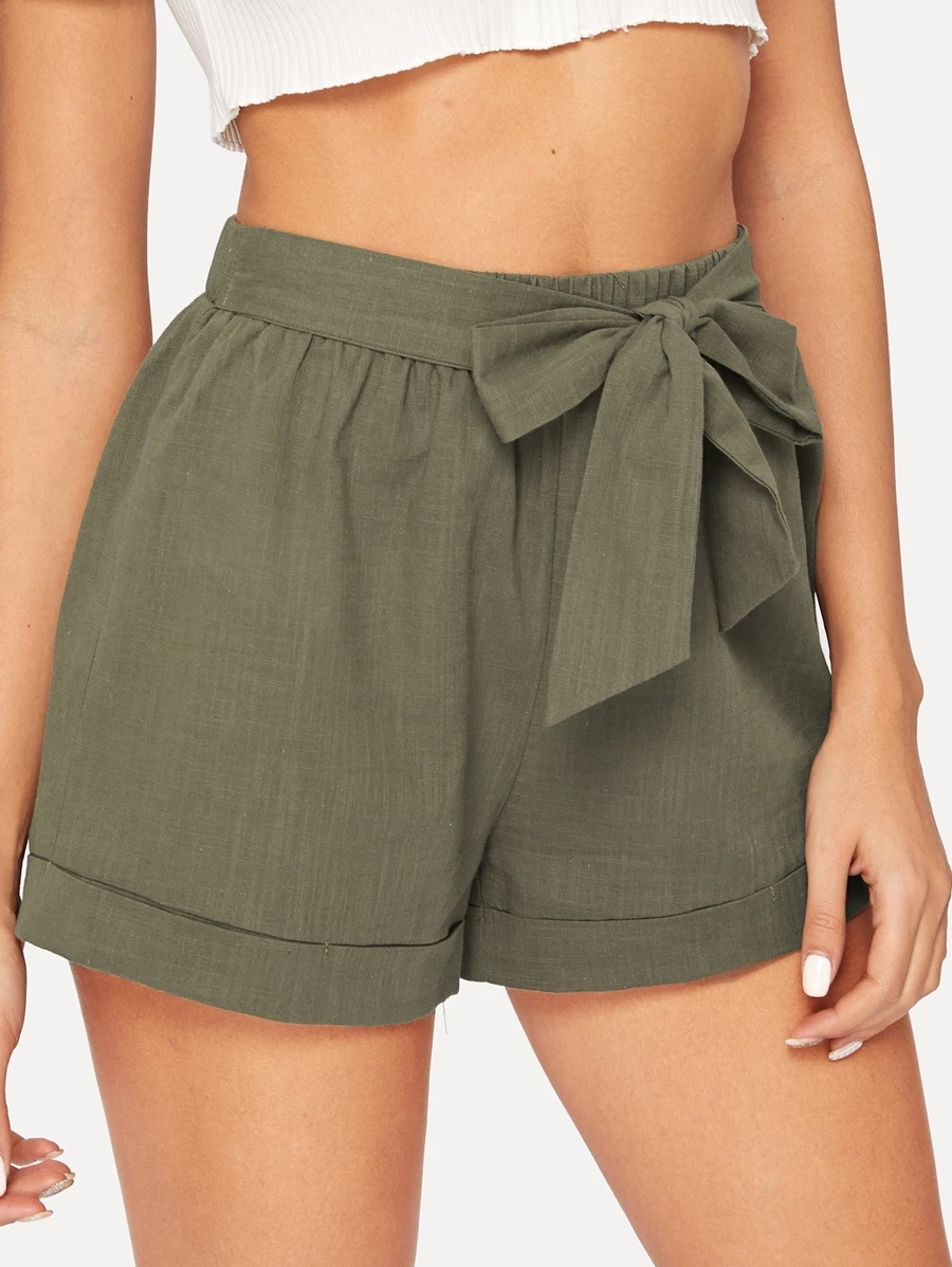 SHEIN Self-Tie Belted Cuffed Shorts - Army Green - View 1