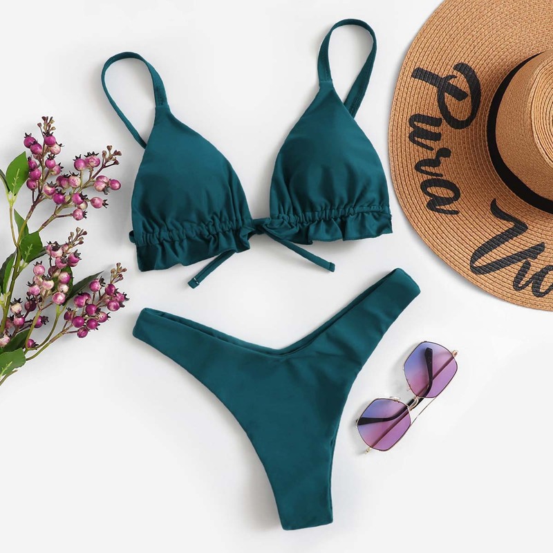 

Frill Hem Top With High Leg Bikini Set, Green