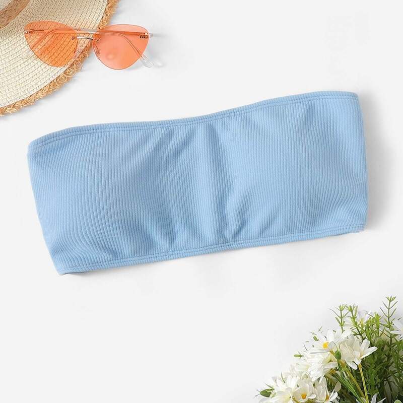 

Solid Elastic Bandeau Swimming Top, Blue