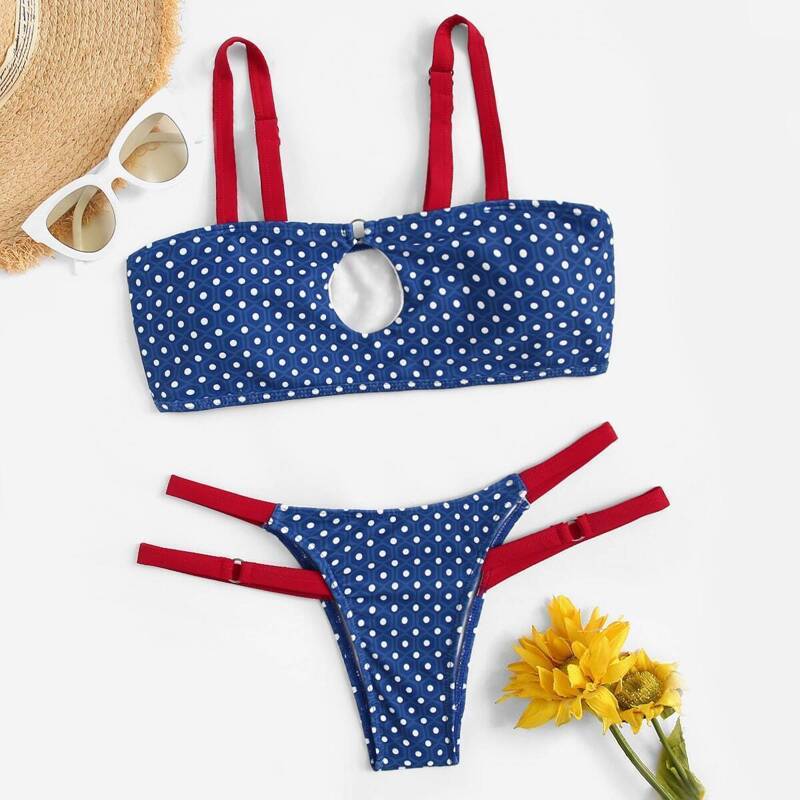 

O-ring Detail Top With Laddering Cut Bikini Set, Multicolor