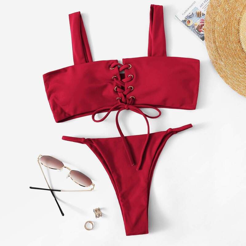 

Lace-up Top With Tanga Bikini Set, Red bright