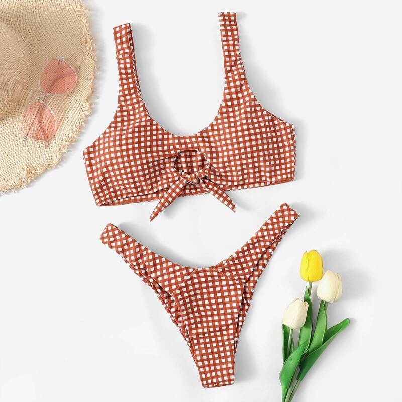 

Gingham Knot Front Top With High Leg Bikini Set, Orange