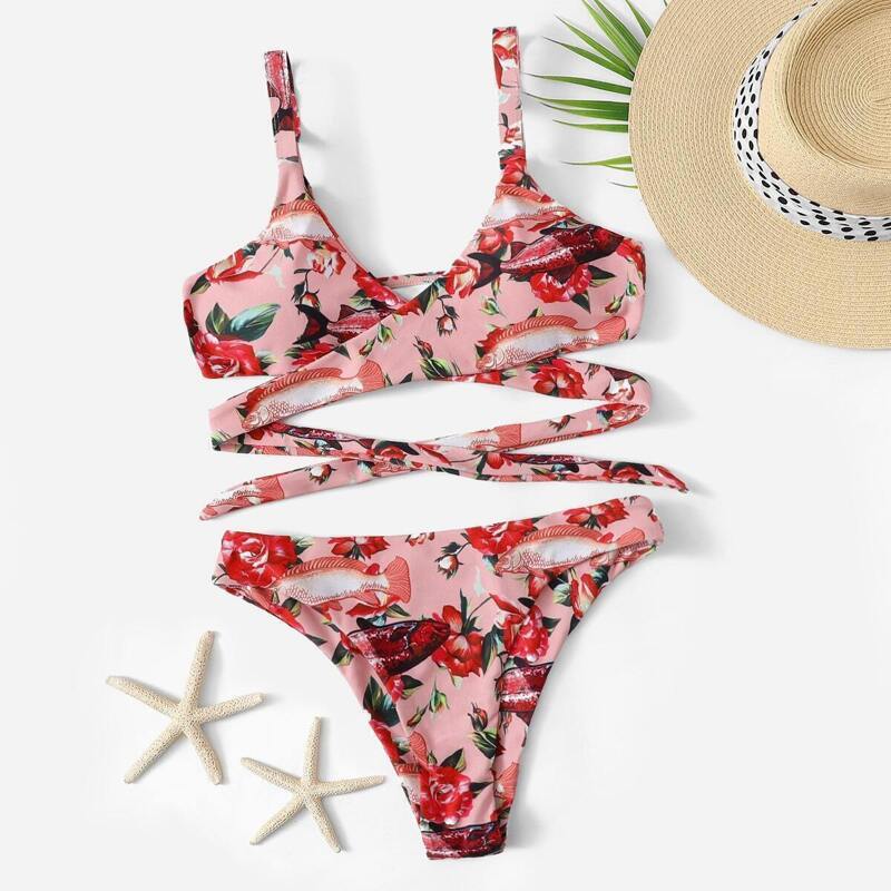 

Random Flower Print Criss Cross Top With Panty Bikini, Multicolor